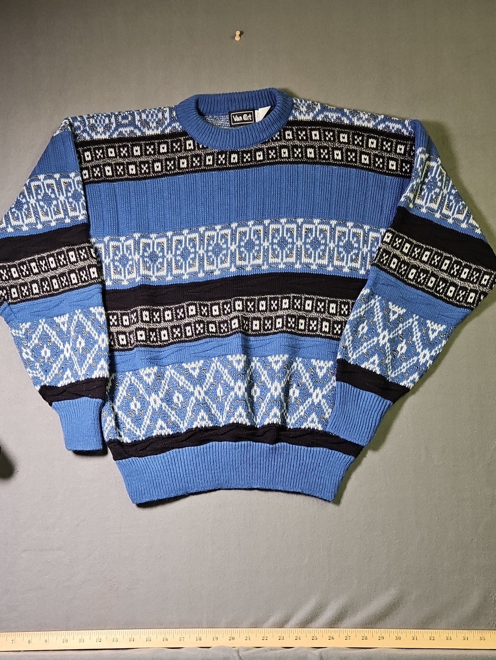 Vintage Van Cort Geometric Nordic Knit Sweater Blue Large Made in USA